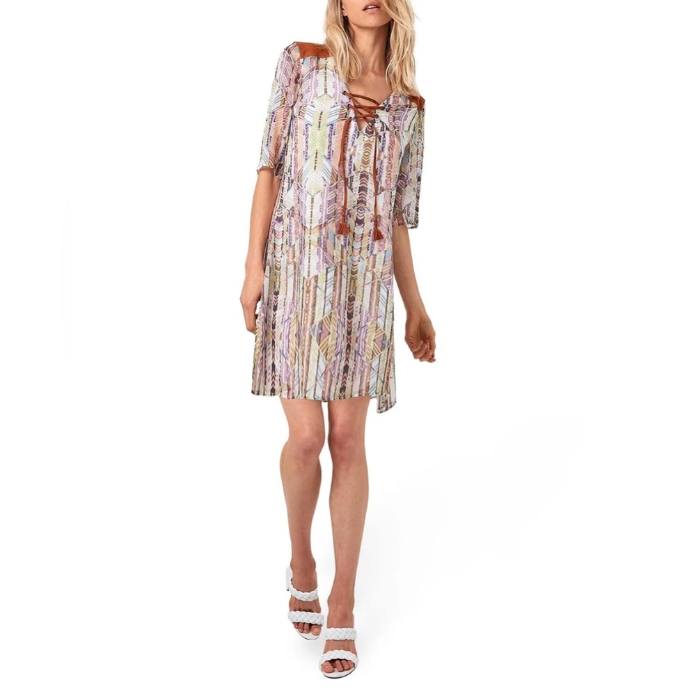 AS by DF Caravan Gypsy Tunic Mini Dress Silk Suede Leather Boho Chic Bohemian